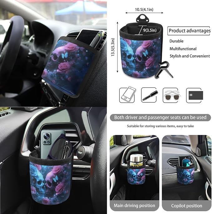 Skull Butterfly Rose Print Car Accessories Set of 15 Car Seat Covers Seatbelt Strap Pad Steering Wheel Cover Air Vent Storage Bag Rear View Mirror Cover Trash Cans Cup Holder Key Chain