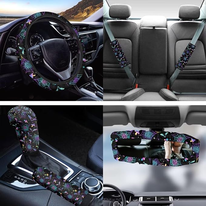 Halloween Galaxy Spider Web Car Seat Cover Full Sets Galaxy Bat Steering Wheel Cover Mushroom Coaster Seat Belt,Keyring,Auto Rear View Mirror Cover,14Pcs Halloween Car Interior Set for Women
