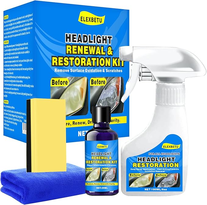 Headlight Restoration Kit, Automotive Headlamp Headlight Cleaner Restores Clear Yellowed Car Plastic and Protects from Re-Oxidation Includes Coating Agent and Towel,Sponge Wipe