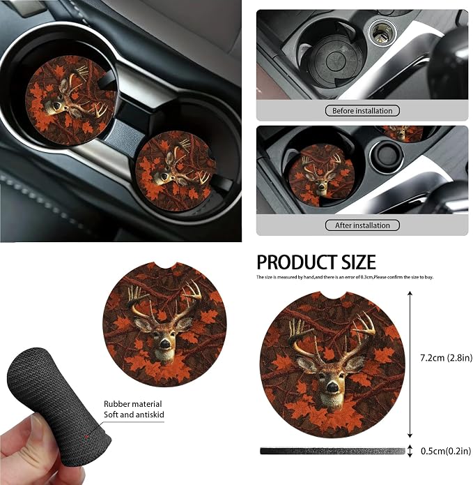 Camo Hunting Deer Print Universal Fit Car Seat Cover Set Steering Wheel Covers Seatbelt Strap Pad Trash Cans Air Vent Storage Bag Rearview Mirror Cover Cup Holder Keychain, 15 PCS