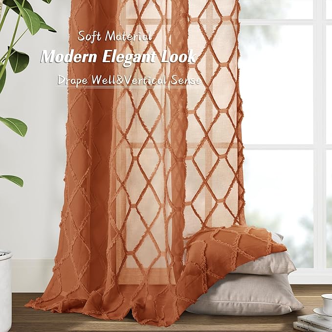 Extra Long Terracotta Sheer Curtains 102 Inch Length for Living Room Semi Sheer Privacy Drapes 2 Panels Set Back Tab Western Decor Boho Rust Colored Curtain for Bedroom Bay Window Vintage 52x102