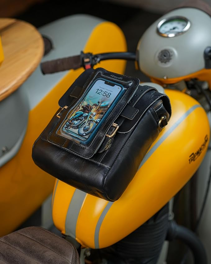 Trip Machine Company Genuine Leather Motorcycle Magnetic Fuel Tank & Tail Pillion Seat Mount Bag with Shoulder Strap and Rain Cover (Black)
