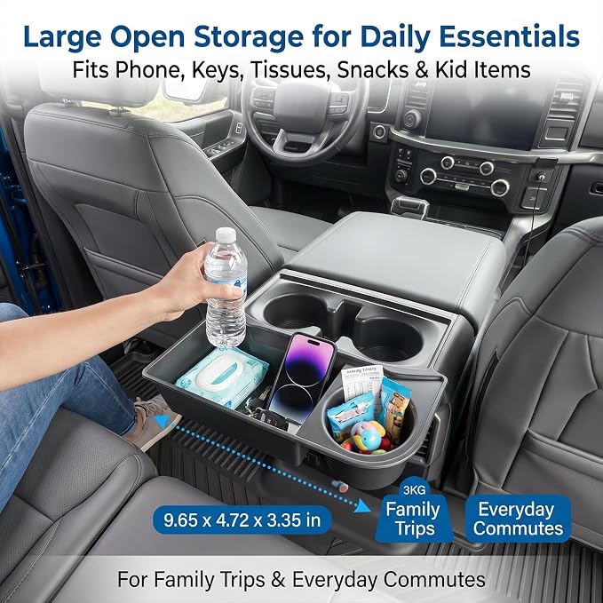 Rear Console Cup Holder Fits for 2021-2026 Ford F150 Bucket Seats Behind Armrest Tray Console Organizer Rear Cup Insert Compatible with F150 Interior Accessories Back Center Console Storage