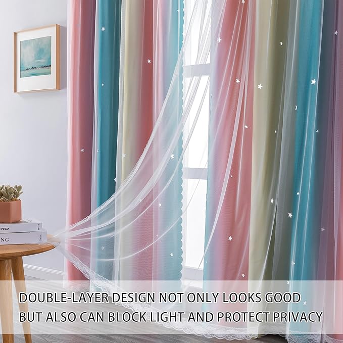 XiDi Girls Curtains for Bedroom 96 Inches Long 2 Panels Pink Blue Yellow Rainbow Blackout Curtains for Little Girl Kids Room Decor Living Room, Princess Unicorn Wall Decals Drapes 52x96