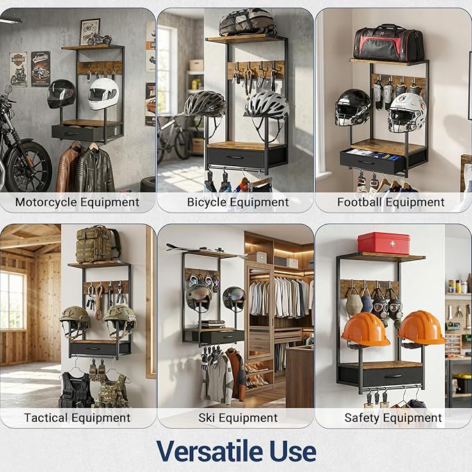 Housolution Motorcycle Helmet Wall Mount with Fabric Drawer, Helmet Holder with 4 Glove Chips and 4 Hooks for Riding Suits & Accessories, Helmet Stand Display for Bike, Baseballs and Rugby Helmets