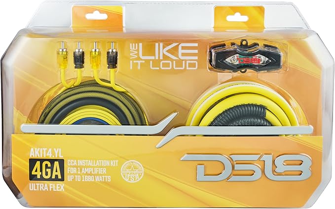 DS18 AKIT4.YL 4-GA Amplifier Installation Kit Up to 1680 Watts RMS, Mini-ANL Fuse Holder, Speaker & RCA Cables, CCA Amplifier Wiring Kit, Ultra Flex Wire, Amp Wire Kit, Amp Wiring Kit 4 Gauge - Yellow
