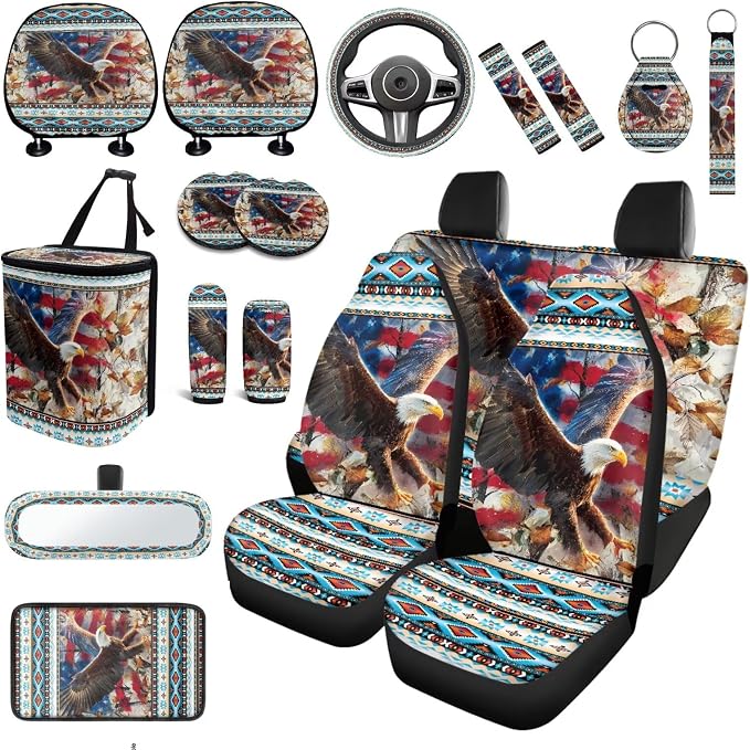 American Flag Eagle Car Seat Covers Full Sets 18 Pcs Aztec Tribal Car Accessories Set with Car Seat Belt Pads Cover Universal Fit Car Headrest Covers Car Trash Can Steering Wheel Wrap