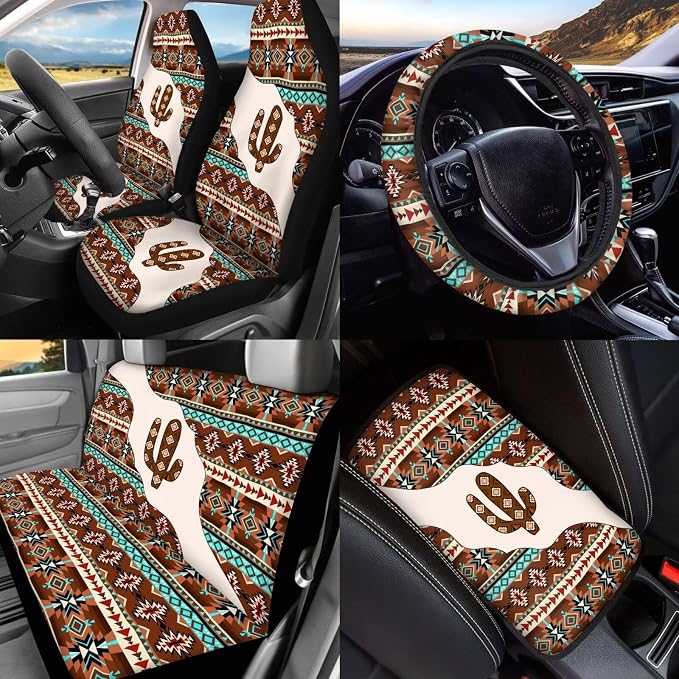 BIGCARJOB Southwestern Cactus Print Car Interior Accessories Set 15 Pieces Aztec Tribal Car Seat Cover Full Set with Steering Wheel Cover Car Trash Can Hanging Seat Headrest Covers