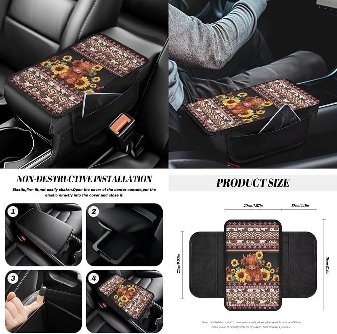 Highland Cow Print Car Seat Cover Sets Full Set Aztec Sunflower Print High Back Seat Covers with Steering Wheel Cover Armrest Cushion Safety Belt Pads Trash Can for Truck Sedan SUV