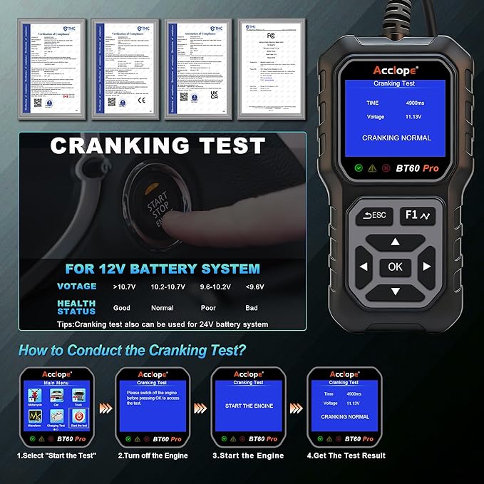 BT60 PRO Car Battery Tester 6V/12V/24V, 2–120Ah, 100–3000 CCA, AGM/Gel/Lithium, Alternator & Starter/Charging System Analyzer, QR Cloud Report (No App), Digital Checker