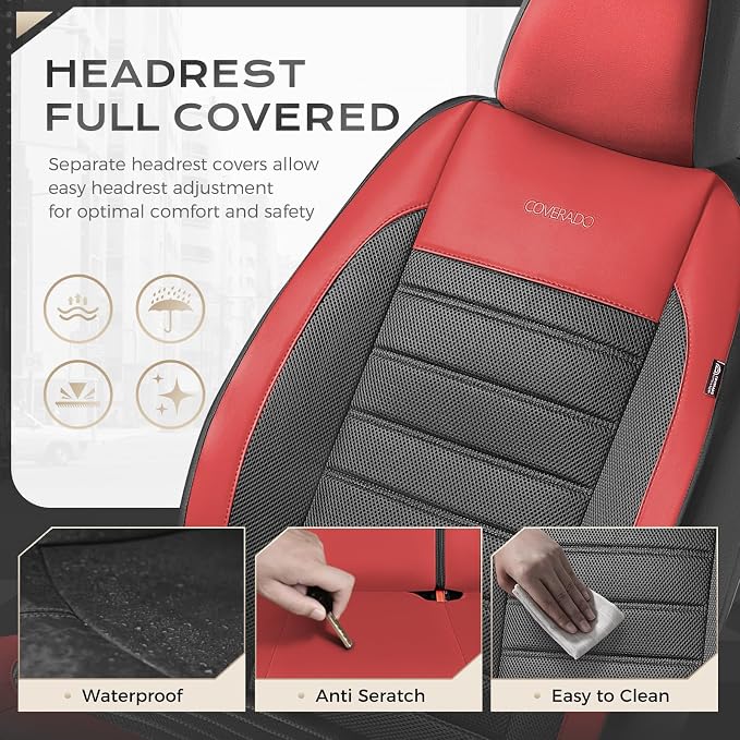 Coverado Car Seat Covers Full Set, Luxury Leather Car Seat Covers, Automotive Front and Rear Mesh Seat Covers, Full Set 5 Seats, Black Red Seat Covers for SUV Sedan Truck