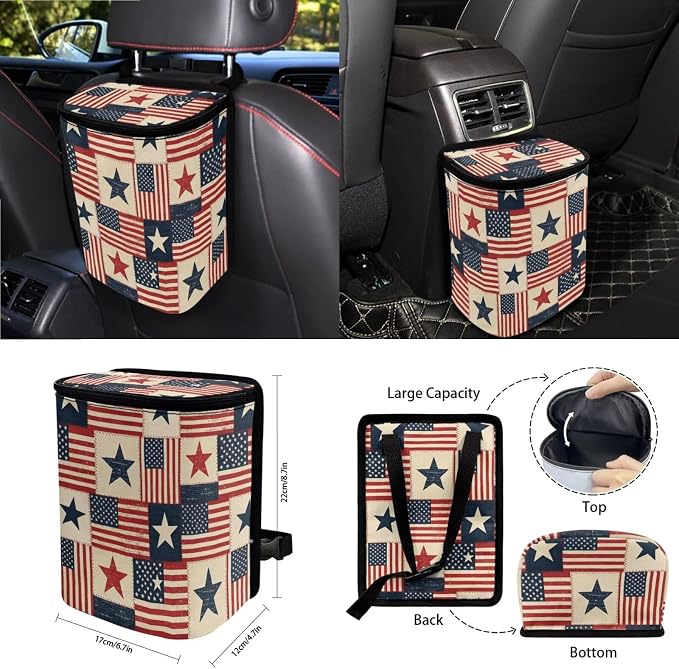 Wanyint Car Seat Cover Set 15 Pack, with Steering Wheel Seat Belt Strap Rearview Mirror Cover Garbage Cans Air Vent Pouch Coasters Keychain July 4th Patriotic Auto Decor, Vintage US Flag Patchwork
