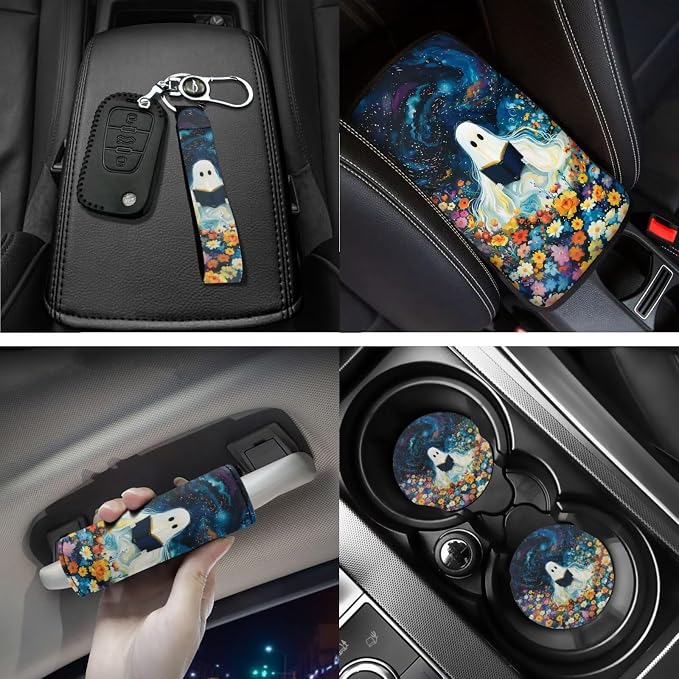 Halloween Ghost Design Car Interior Accessories Set of 18, Car Seat Covers Full Set with Floor Mats Steering Wheel Cover Shoulder Pads Roof Gloves Armrest Pad Cover Cup Coaster Keychains