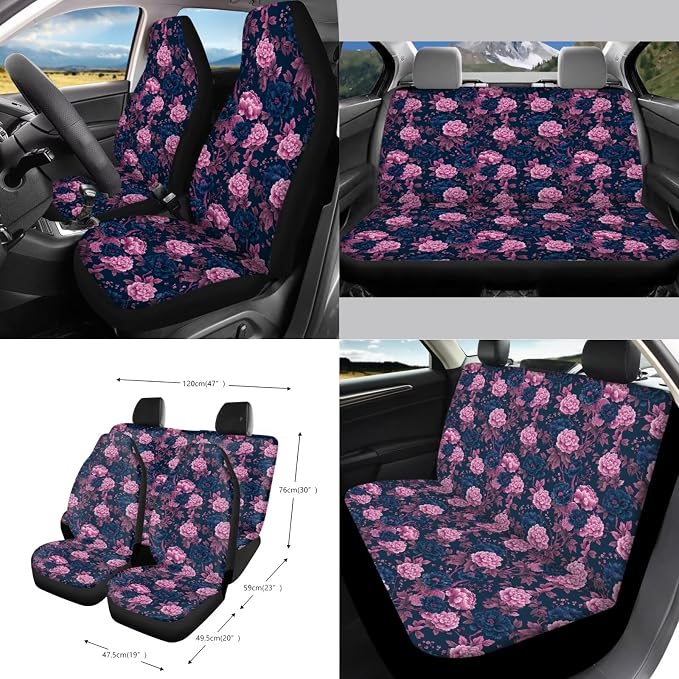 Peony Floral Pattern Car Accessories Set of 15 Bucket Seat and Rear Bench Cover Steering Wheel Cushion Seatbelt Pad Trash Bin Rearview Mirror Cover Keychain Air Outlet Bag Cup Holders