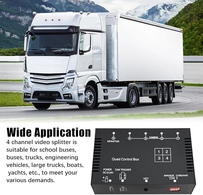 4 Channel Video Splitter Box, AHD 1080P 4 Camera Monitor System for Vehicle, Truck RV Bus Backup Camera Multiplexer with Wide DC 12V 24V Input, Video Switch Combiner for Safety Surveillance