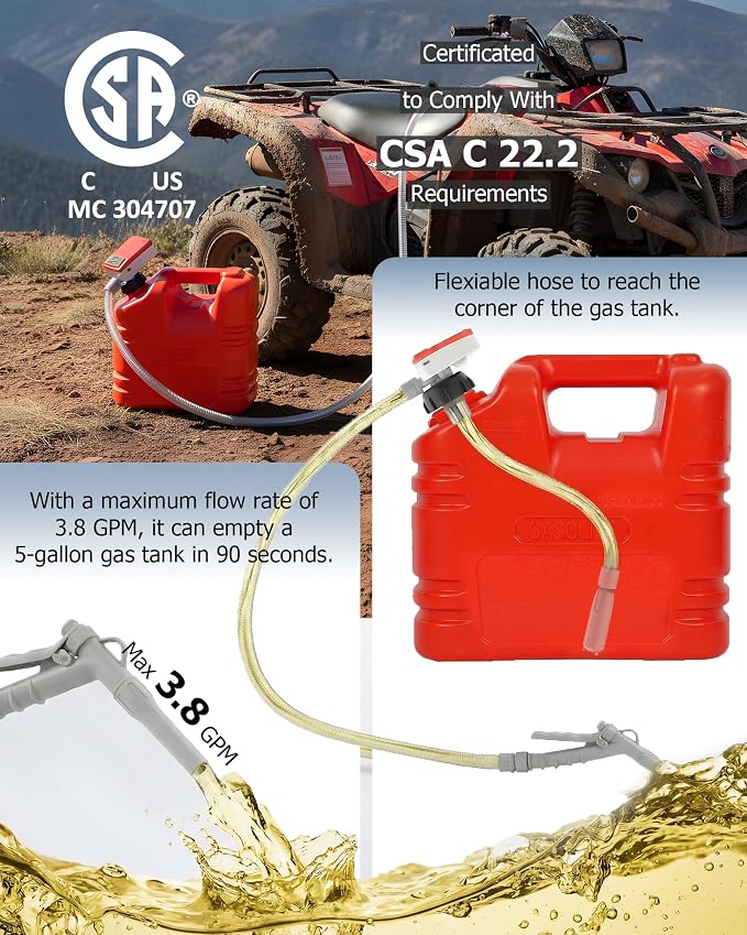 PETASOON Patented Fuel Transfer Pump Battery & USB Powered Operated 3.8GPM Gas Can Electric Automatic Pumps Transfer Gasoline Diesel Oil Liquid Water with Manual Flow Control(Gas Can Not Included)