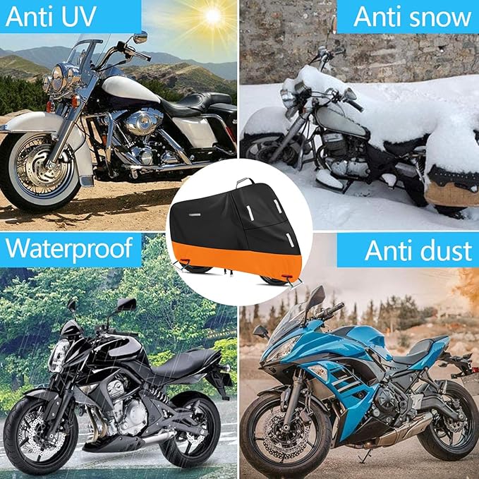 SECELES 300D XL Waterproof Motorcycle Cover Durable All Season Outdoor Protection Forro para Moto Motorcycle Covers for Italica 150cc, Double Stitched Seams (XL 82" x 37" x 50", Black & Orange)
