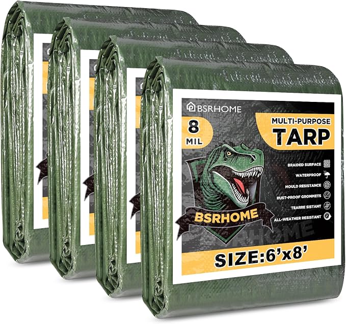 Tarps Waterproof 6x8 Feet, 4 Pack Heavy Duty Green Tarp Cover 8 Mil Thick, Resistant Plastic Tarpaulin with Metal Grommets, Outdoor Tent Cover for Emergency Rain