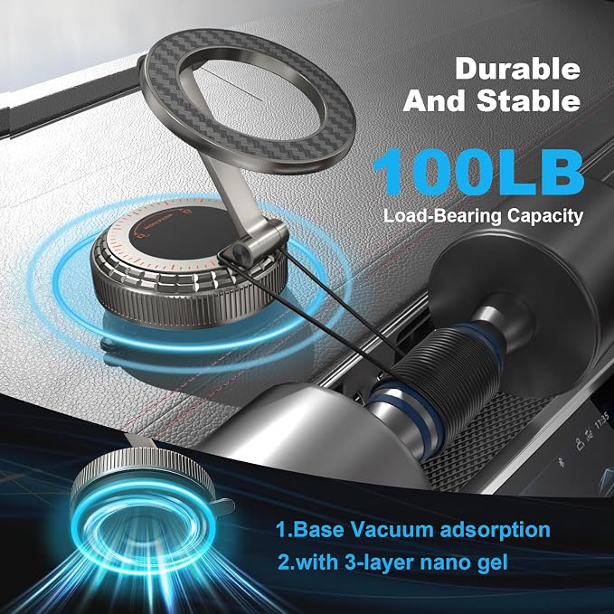 Metal Magnetic Car Phone Holder, 360° Adjustable Magsafe Car Phone Mount, Vacuum Suction Cup Phone Holders for Your Car for iPhone 17-12 Pro Max Air Plus & Android (Carbon Fiber)