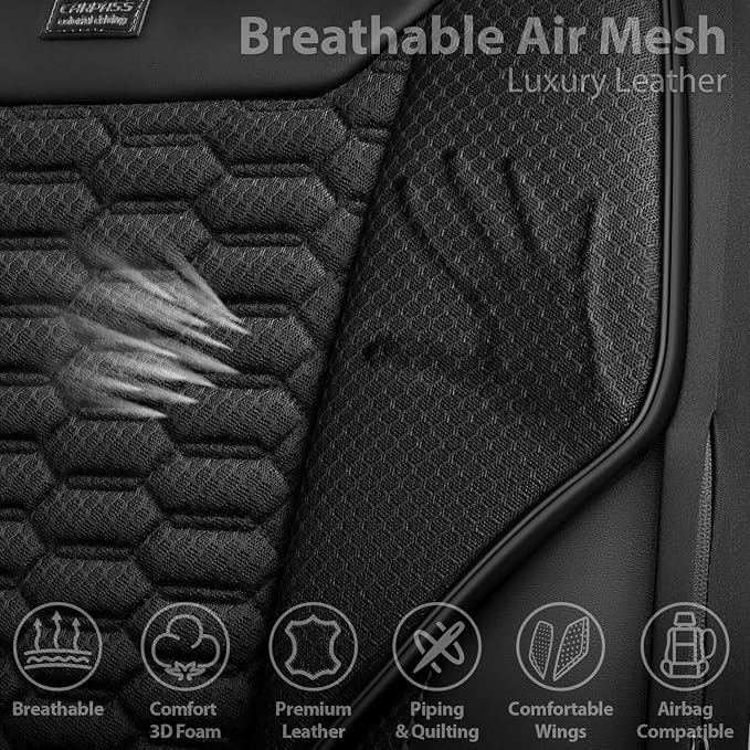 CAR PASS 3D Foam Mesh Leather Car Seat Covers Front Seats, Leather Mesh Front Seat Covers for Car,Breathable Universal Fit for SUV Truck Sedan Van Automotive, Armrest Airbag Compatible,Black