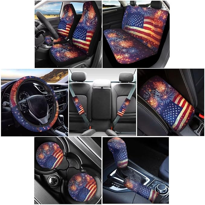 Wanyint Car Seat Covers Full Set 12 Pieces, with Steering Wheel Seat Belt Covers Armrest Pad Handbrake Gear Shift Knob Cover Cup Coaster Universal Fit for 4th of July, American Flag Fireworks