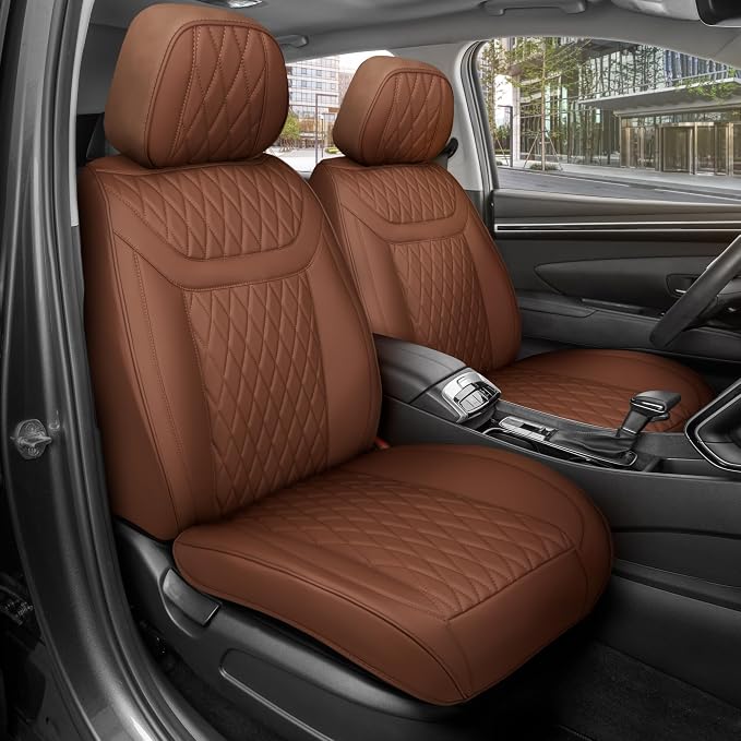 MotorBox Creekstone Series – PU Leather Seat Covers for Cars, Creekstone Series Cross-Stitch Edition Front Seat Covers, Diamond Stitched PU Leatherette Brown Car Seat Covers for Cars Trucks SUVs