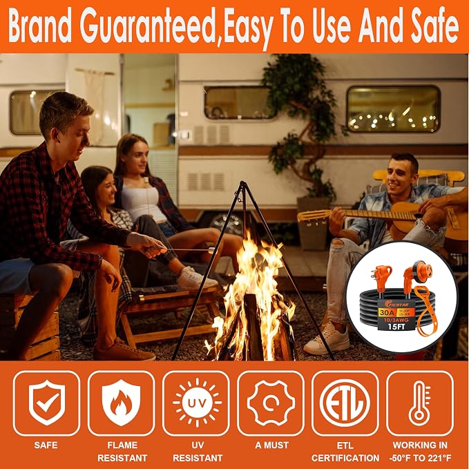 30 Amp RV Extension Cord,15 ft,Heavy Duty Generator Extension Cord with LED Power Indicator,30 AMP Female 90° Twist Lock Adapter with Reverse Polarity Lamp,NEMA TT-30P to L5-30R,120V/125V