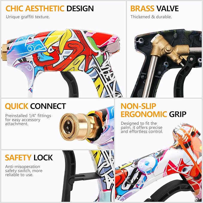 Graffiti Foam Cannon Kit with Short Pressure Washer Gun 3/8" Quick Connect M22-15mm Adapter Adjustable Snow Foam Bottle with 1/4" Quick Connect and 5 Nozzle Tips for Car Wash