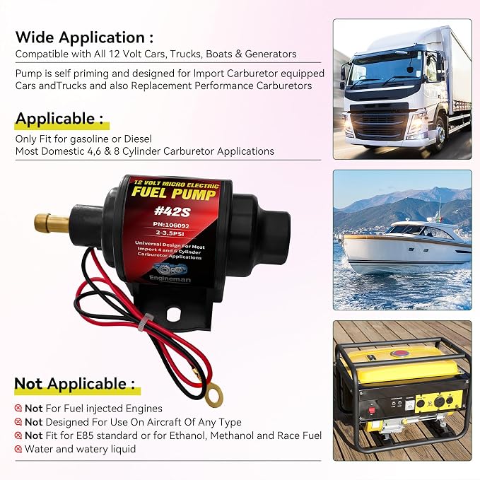 Gasoline Electric Fuel Pump Universal 12V 1-2A 28GPH 2-3.5 PSI Operating Fuel Pressure with 5/16 Inch (8mm) ID Fuel Line Hose 6.56FT