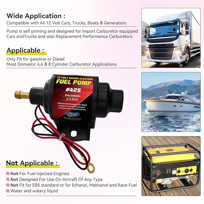 Electric Fuel Pump 2-3.5psi 12V Electric Transfer Universal Low Pressure Gas Diesel Fuel Pump for All 12V Motorcycle Cars Trucks Boats Carburetor