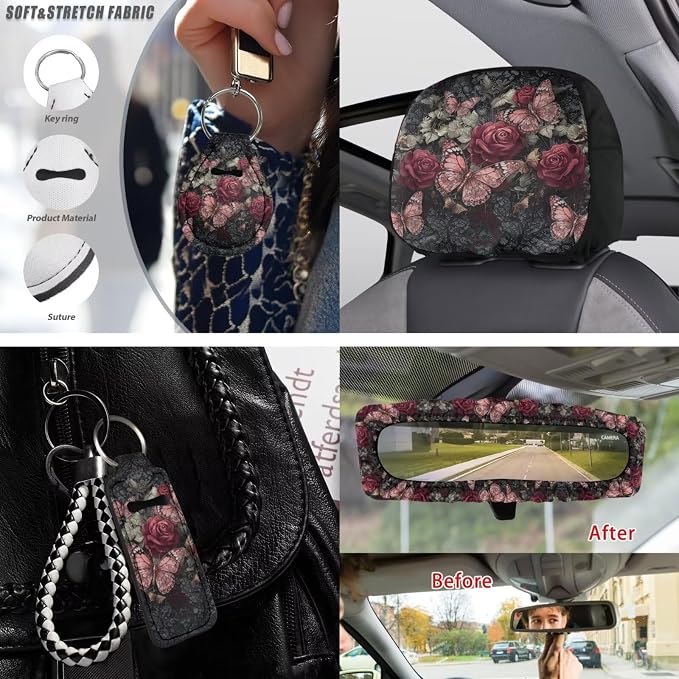 Butterfly Rose Print Car Seat Cover Full Set with Auto Steering Wheel Cover Seat Belt Protector Armrest Pad Auto Rear View Mirror Protector Set of 15, Pink and Green