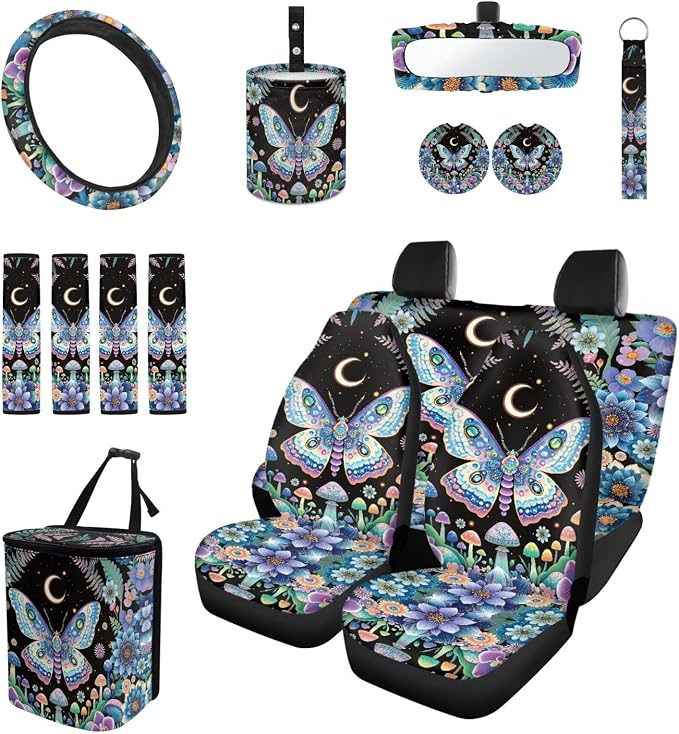 Moon Mushroom Butterfly Car Seat Covers Set of 15 with Universal Steering Wheel Cover, Rearview Mirror Cover, Car Trash Can, Seatbelt Pads, Cup Holder Coasters, Keychains