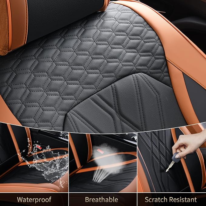 FLORICH Seat Cover Full Set Automotive Seat Cover 5 Seats Leather Waterproof Car Seat Cover Easy installation Non-slip Comfort Cushion Universal Fit for Most Car Truck SUV Seat Protection, Brown&Black