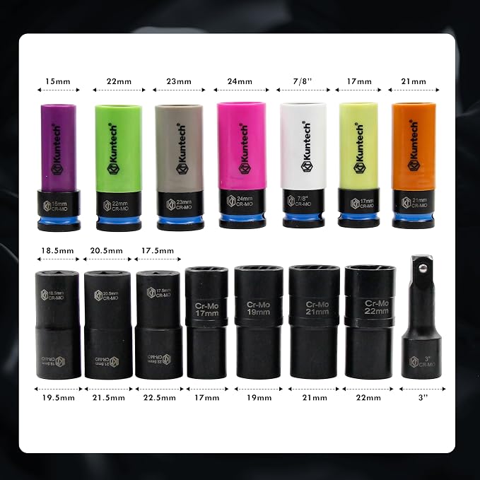 Kuntech 20Psc 1/2" Drive Lug Nut Socket Set Color Coded by Size, Thin Wall Non-Marring 6-Point Impact Lug Extractor Kit, Rugged Construction, Flip Turbo Socket Set with a Storage Cage