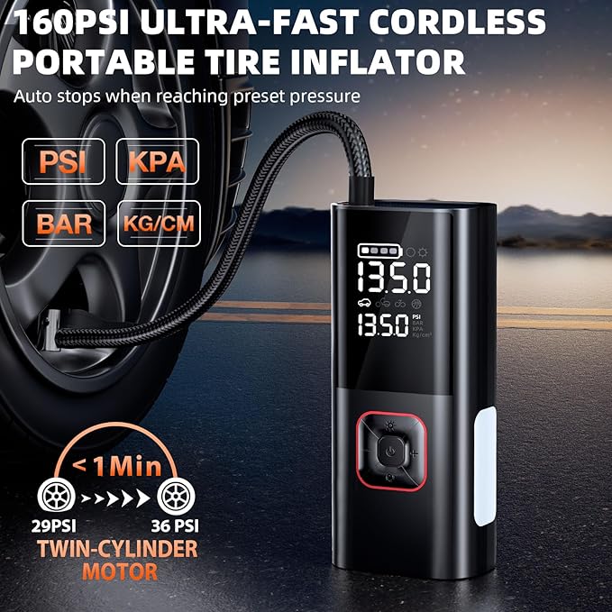 Jump Starter with Air Compressor, 5000A Battery Jumper Starter Portable (9L Gas/8L Diesel) with 160PSI Auto-Shutoff Tire Inflator, 12V Jump Box Car Battery Jump Starter with Jumper Cables, LED Light