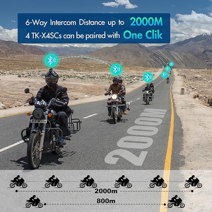 TK-X4SC Motorcycle Helmet Bluetooth Headset, 6 Riders 2000m Helmet Group Intercom with Music Share/Noise Reduction/Bluetooth 5.4/LCD Screen,Universal Communication System Headphones(1 Pack)