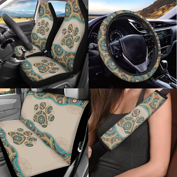 Dog Paw Print Car Seat Covers Full Set of 12 Car Seat Belt Pad Cover Steering Wheel Cover Car Trash Can Rear View Mirror Cover Car Cup Coasters Keychains Keychain Holder
