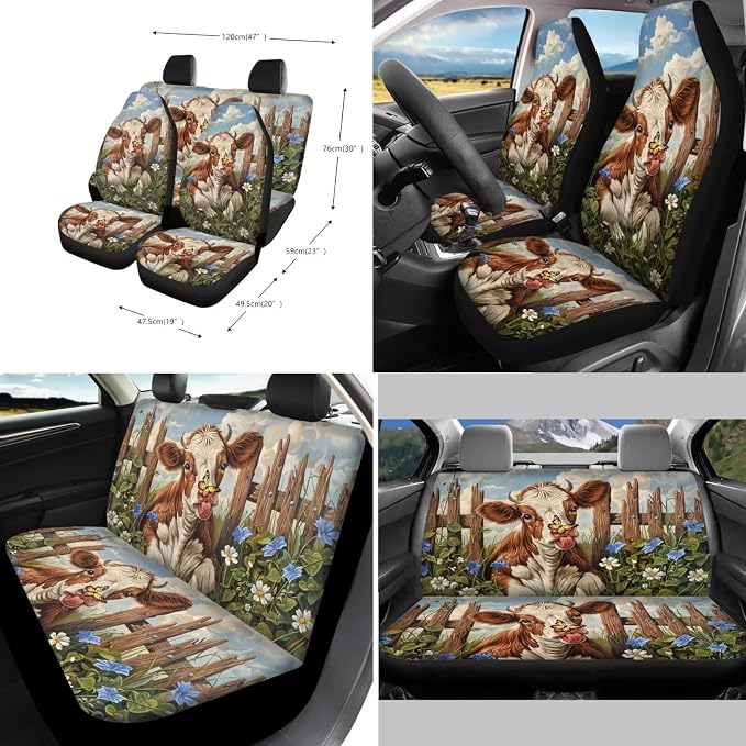 Xoenoiee Cow Butterfly Flower Pattern Universal Car Seat Covers Full Set 11-pcs Car Interior Accessories, Car Coasters, Keychain, Steering Wheel Cover, Seat Belt Pad
