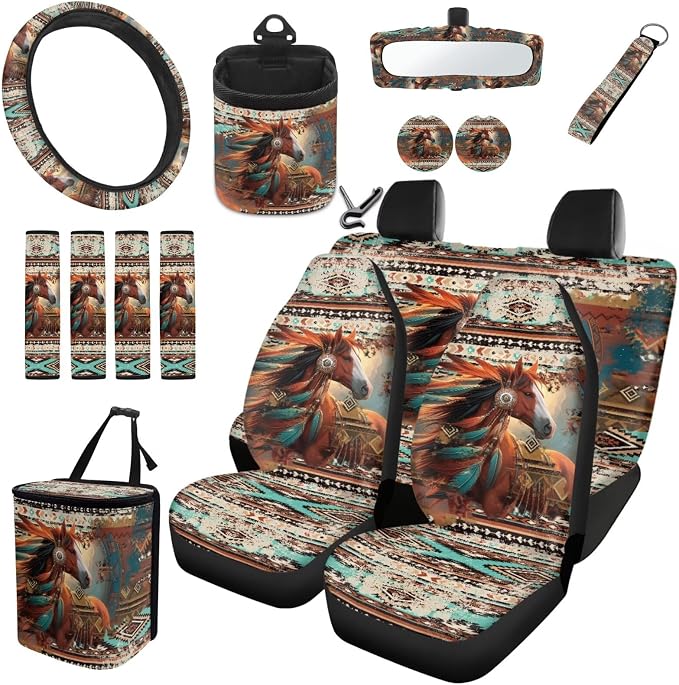 Dreaweet Navajo Car Seat Covers Full Set Tribal Horse Seat Covers with Steering Wheel Cover Seat Belt Pads Car Coaster Trash Can Air Vent Holder Rear View Mirror Cover Keychain Universal Fit