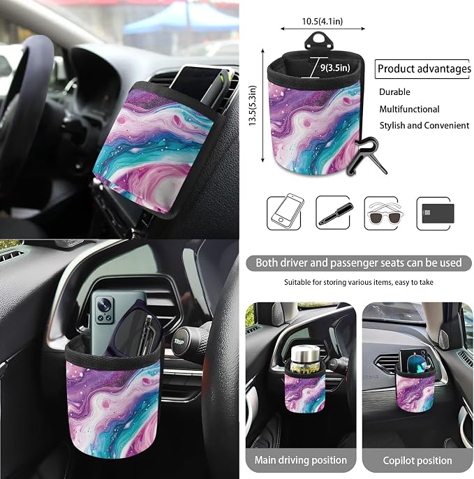 Marble Print 15 Pack Car Seat Covers Set with Steering Wheel Cover Seatbelt Strap Cover Rearview Mirror Covers Cup Coasters Air Vent Storage Bag Trash Bag Key Chain