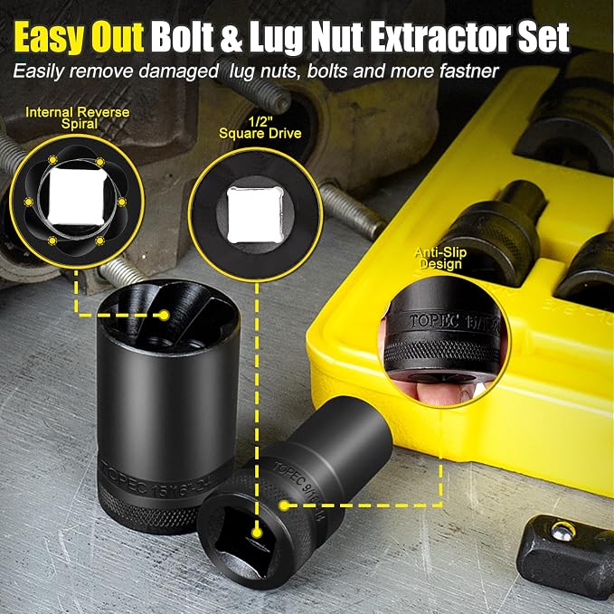 Topec 17Pcs Lug Nut Extractor Set, 1/2" Drive Locking Lug Nut Removal Tool, 8-27mm Wheel Lock Removal Kit, Deep Bolt Extractor Socket Set for Stripped, Broken, Rounded Bolts