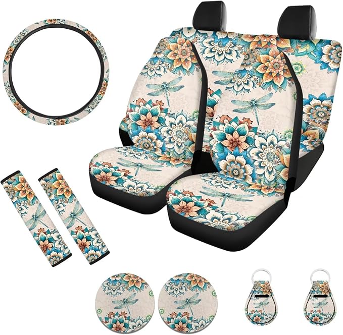 POLERO Boho Dragonfly Seat Covers for Cars for Women Hippie Car Accessories Floral Steering Wheel Cover Full Set 11pcs