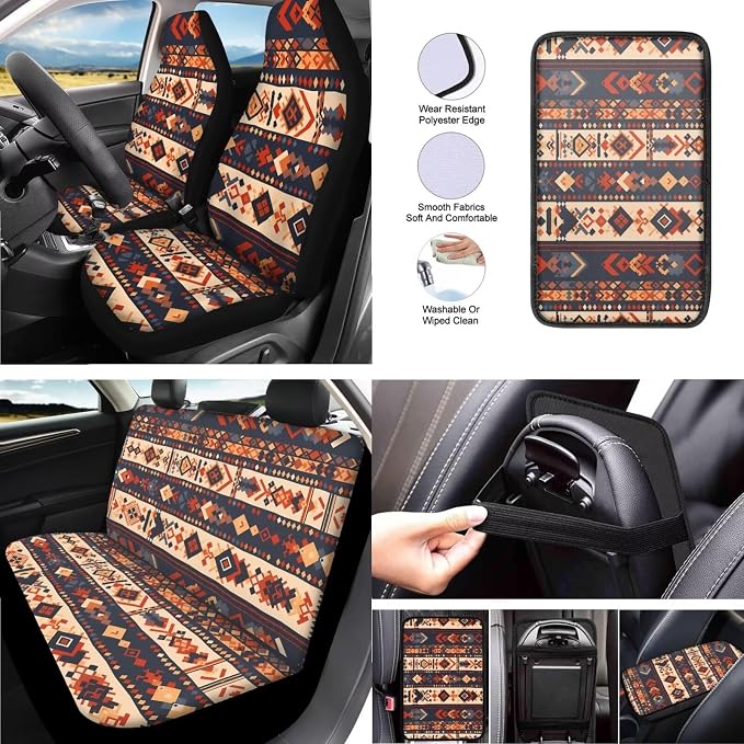 13 Pack Tribal Rhombus Auto Seat Protector Full Set, Ethnic Stripe Steering Wheel Cover Headrest Cover, Aztec Indian Car Cup Mats Interior Accessories Decor