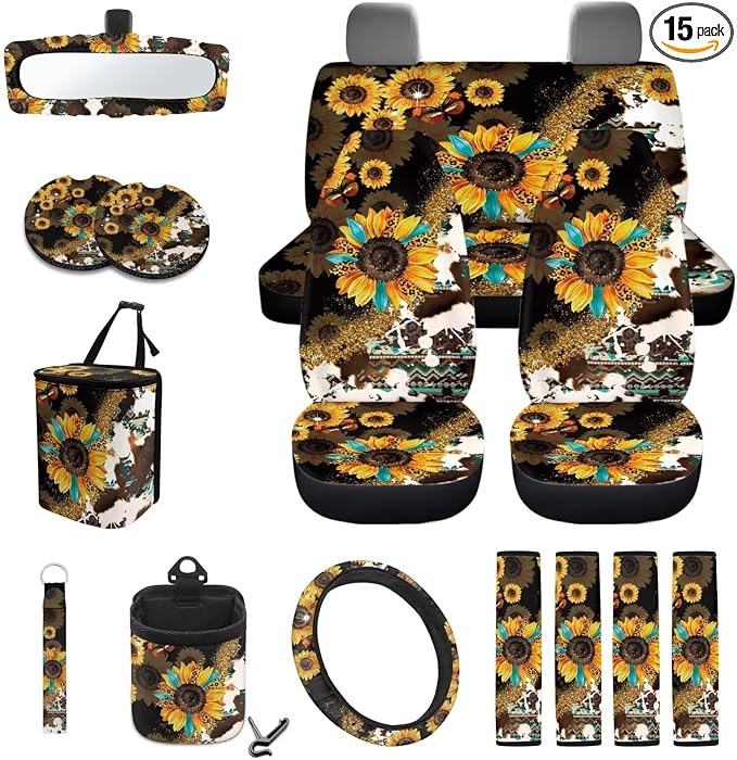 Wanyint Aztec Sunflower Leopard Cow Print 15 PCS Car Seat Covers Set, with Car Seat Protector Steering Wheel Cover Seat Belt Covers Trash Bin Sunglasses Pocket Rear View Mirror Cover Coasters Keychain
