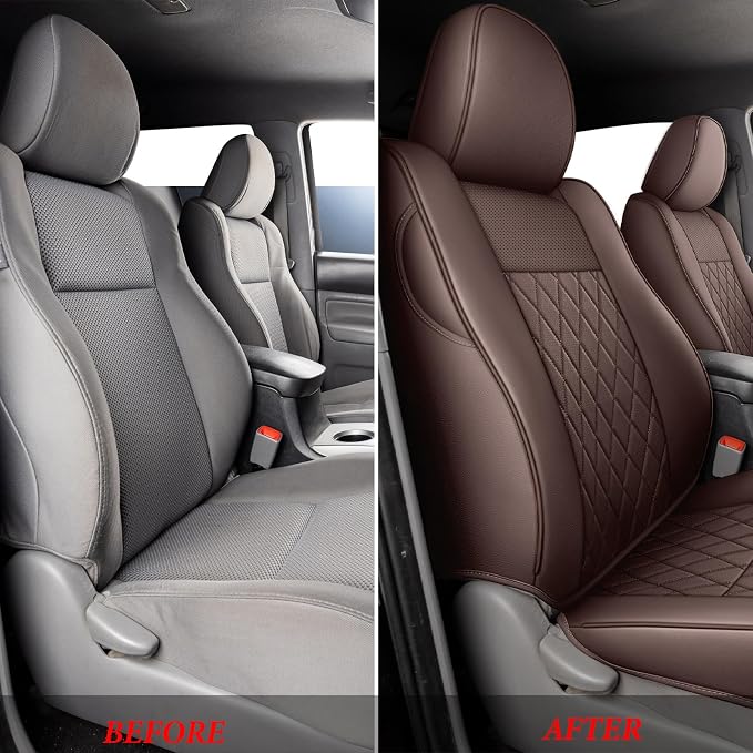 Coverado Tacoma Seat Covers, Leather Car Seat Covers Full Set Custom Fit 2005-2023 Toyota Tacoma Double/Crew Cab, Seat Covers for Cars Car Seat Protector(Brown)