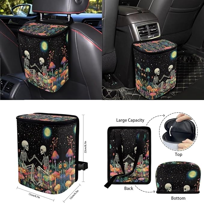 Goth Moon Skeleton Car Seat Covers Full Set 15 Pcs Universal Car Accessories Steering Wheel Cover Seat Belt Pads Garbage Bag Car Headrest Pillow Covers Armrest Pad