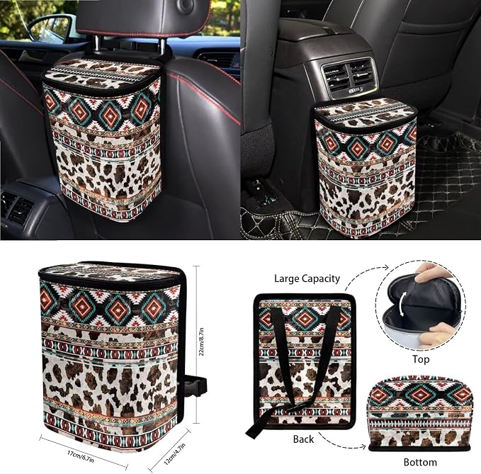 Wanyint Car Seat Covers Set for Women, with Steering Wheel Rear View Mirror Cover Seat Belt Pads Trash Bin Sunglass Pocket Coasters Key Chain Car Accessories, 15 PCS Set, Aztec Navajo Cow Print