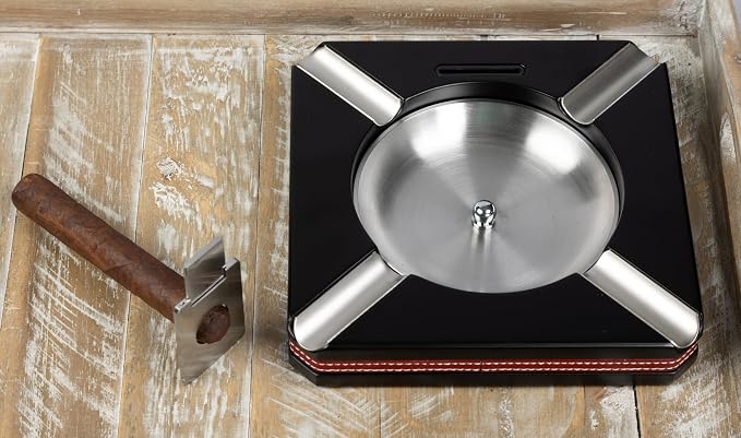 Leather Motif Trim 4 Cigar Ashtray with On-Board Guillotine Cutter - Color: Black & Burgundy Red