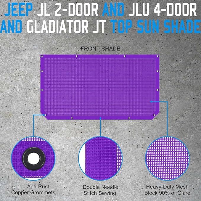 JT JL Top Sun Shade Roof Compatible with Jeep Wrangler and Gladiator 2 or 4 Door 2018 to 2023 Sunshade Sunroof Blocks UV Wind Noise Purple Mesh for Front