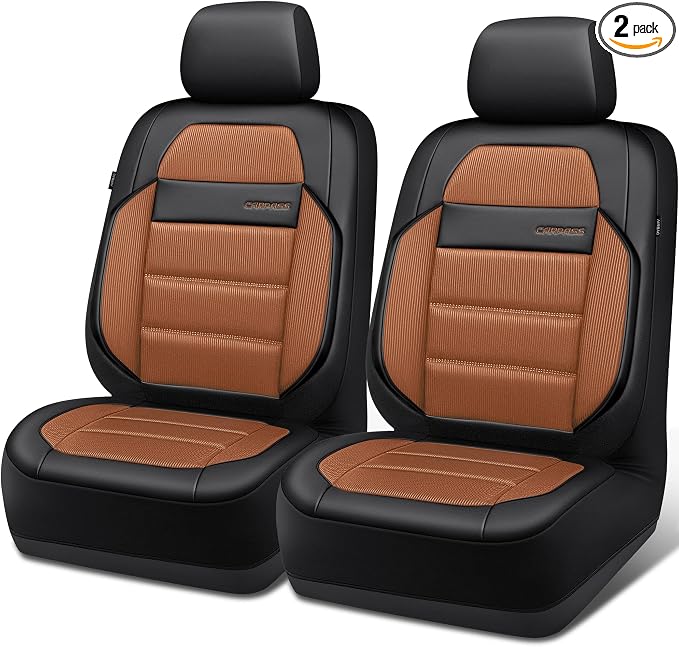 CAR PASS Memory Foam Seat Covers Front, Airy Cool Mesh Thick Car Seat Covers, Leather Car Seat Covers Front Seats Airbag Compatible, Universal Automotive Comfort for Most Cars, Trucks, SUV, Brown